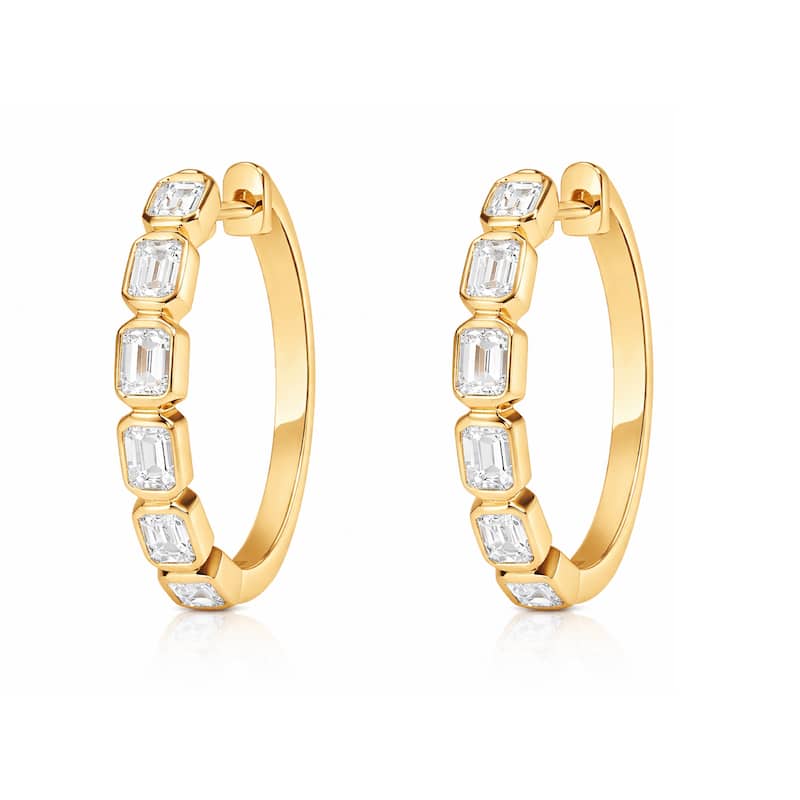 Auriya 14k Gold Lab Grown Diamond Emerald Bezel Hoop Earrings 1.00 to 4.00 ct. tw. (F-G VS) - White - Yellow - 3