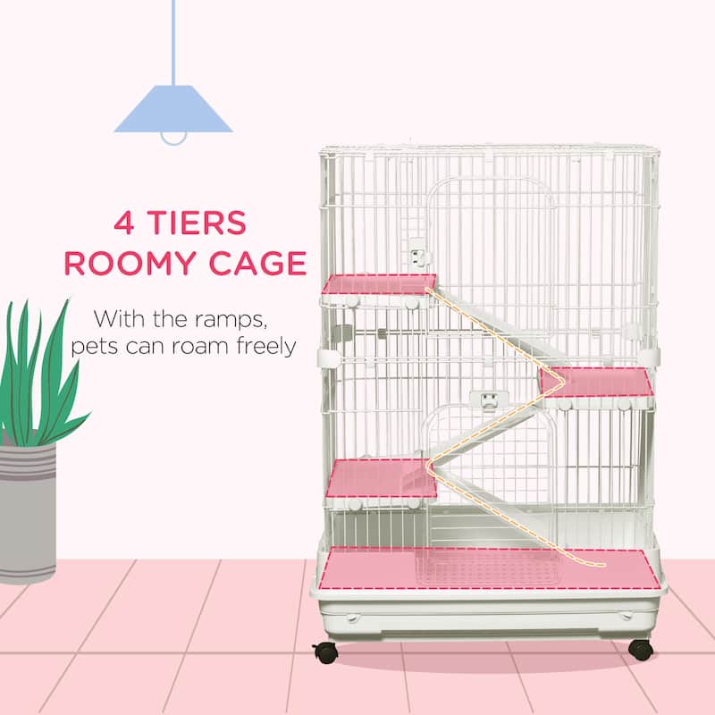White Multi-Level Bunny Hutch with Top and Front Doors Safe Wire Bars Removable Tray Wheels - 32"L x 20.75"W x 43.25"H