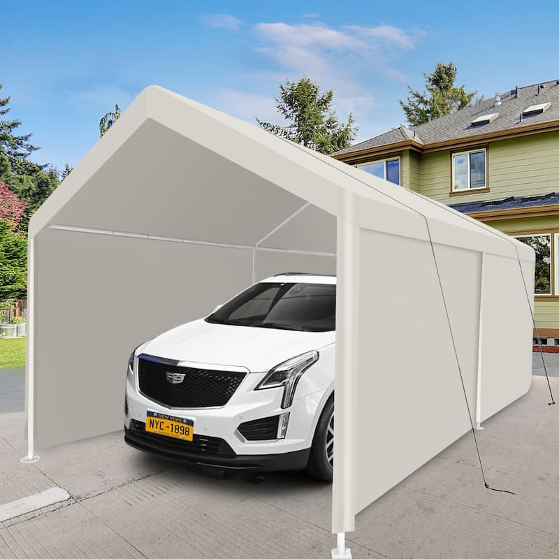 12x20 ft Portable All Weather White Carport Shelter Tent with PE Tarp for Family BBQ or Outdoor Dining