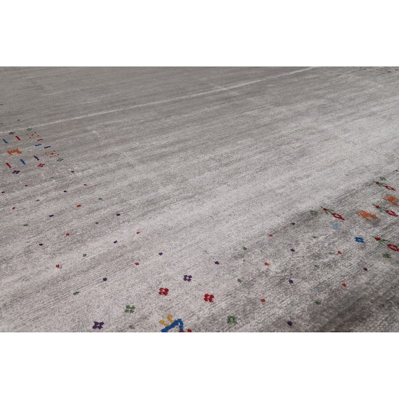 Hand Knotted Oriental Viscose Silk Carpet Tribal Animal Pictorial Greys & Charcoal Gabbeh Area Rug - 11' 6'' X 7' 11''