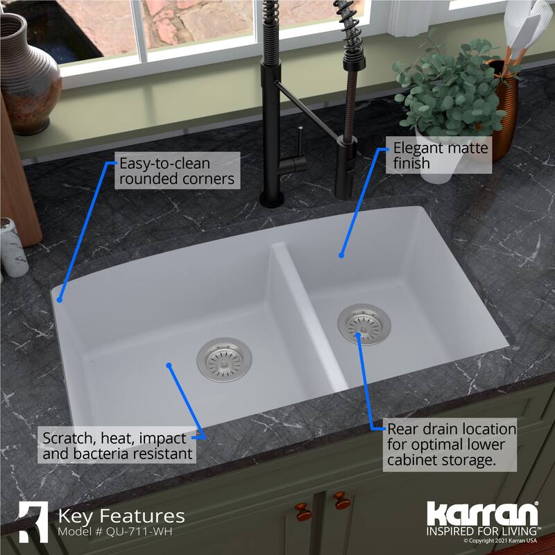 Karran Undermount Quartz 32 in. 60/40 Double Bowl Kitchen Sink Kit