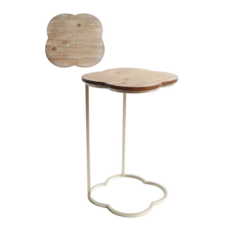 C-Shaped Quatrefoil Metal End Table, Natural Wood (Set of 2)