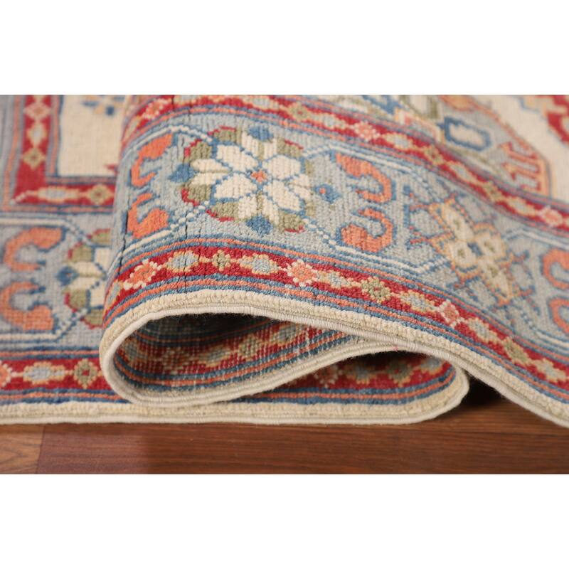 Ivory Geometric Kazak Foyer Rug Handmade Wool Carpet - 3'6" x 5'3"