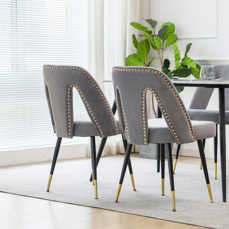 Roomfitters Modern Velvet Dining Chairs Set of 2, Upholstered Accent Chairs with Nailhead Trim and Gold-Tipped Black Metal Legs - Grey