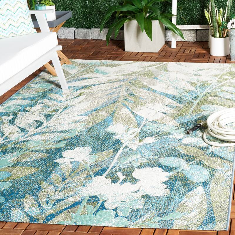 SAFAVIEH Barbados Didem Tropical Botanical Waterproof Patio Backyard Rug - 6'6" Square - Blue Green/Ivory