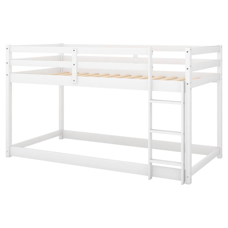 Low Profile Twin Over Twin Bunk Bed with Ladder, White, Solid Wood, Space-Saving Design