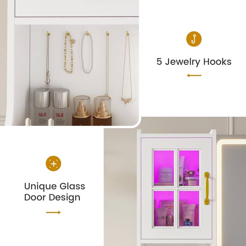 Vanity Desk Touch Screen Mirror Cabinets 6 Drawers 5 Jewelry Hooks