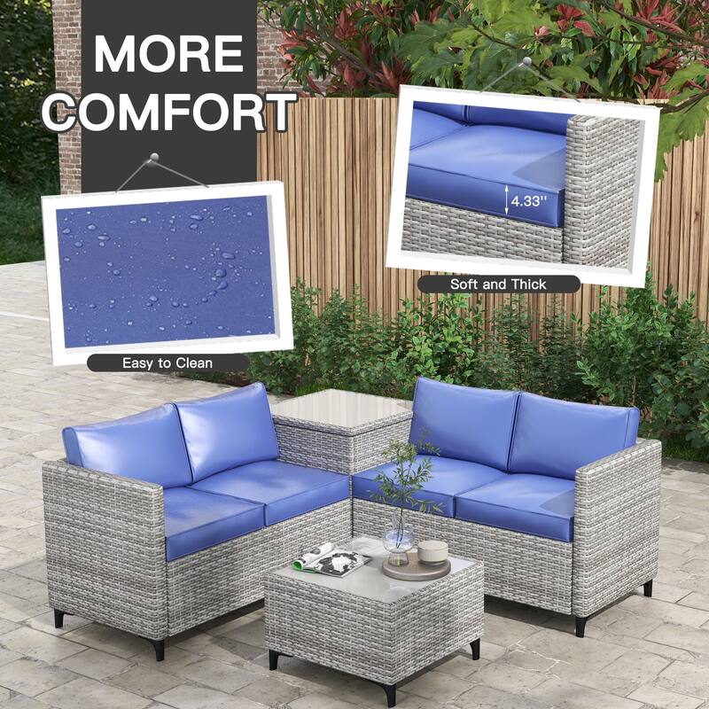 4-Piece Rattan Patio Set – Modular Sectional with Storage Box & Glass Table, Weather-Resistant for Outdoor Lounge,