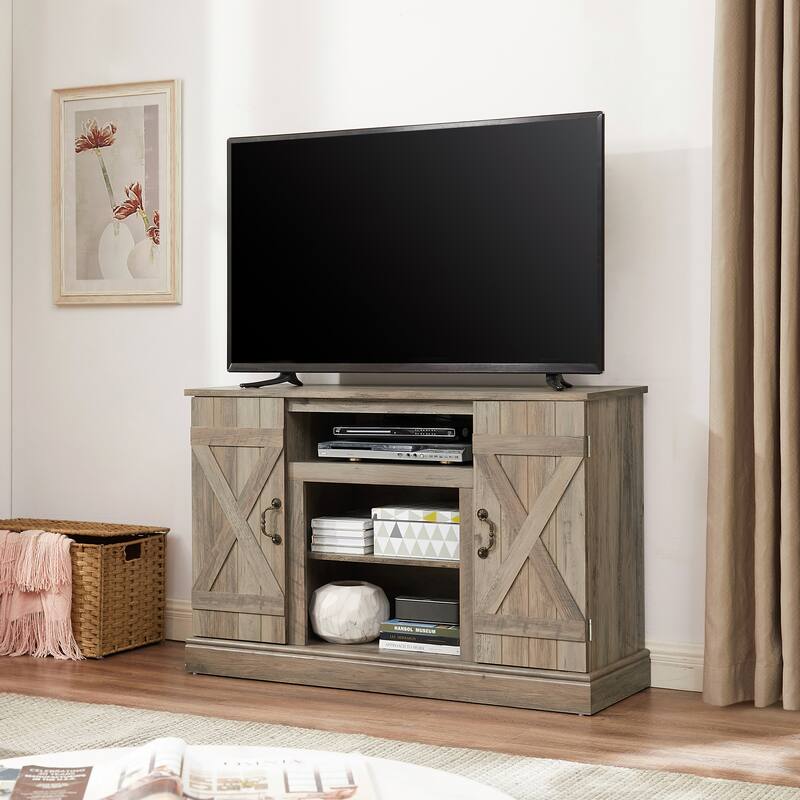 Wooden TV Stand with Barn Doors, Media Entertainment Center, Console Table with 2 Cable Management Holes & Adjustable Shelves
