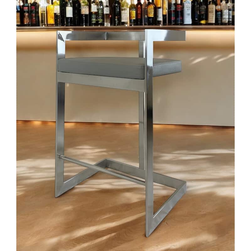 HomeRoots 26" Gray and Silver Faux Leather and Metal Low Back Counter Height Bar Chair - Counter Height - Gray - Single