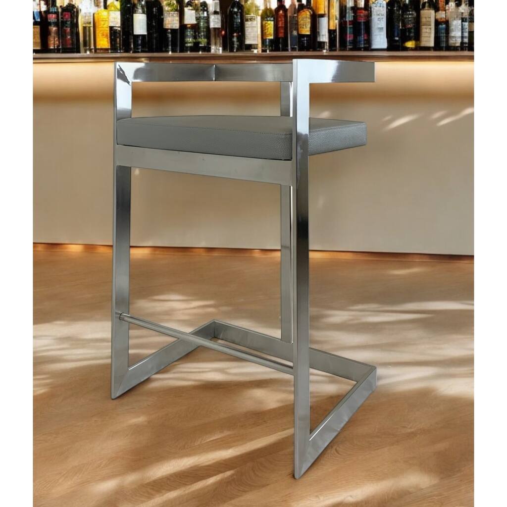 HomeRoots 26" Gray and Silver Faux Leather and Metal Low Back Counter Height Bar Chair