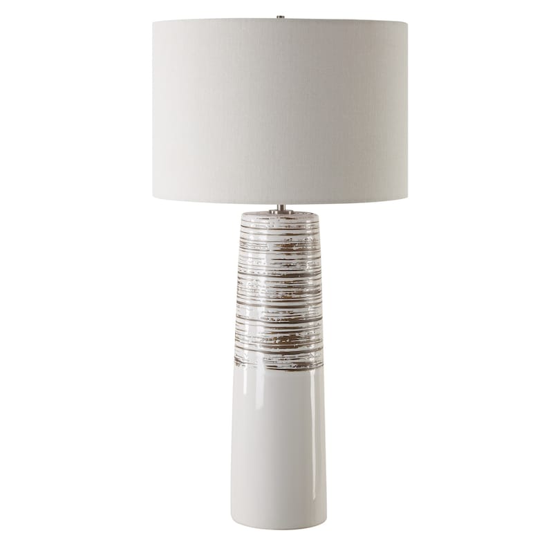 Glazed and Ribbed Table Lamp with Drum Shade - 29.5" - White and Beige