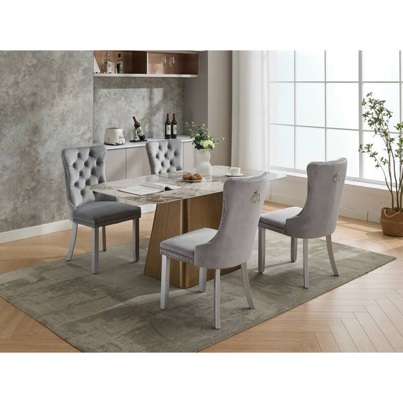Velvet Upholstered Dining Chairs Set of 2, Kitchen Chairs with Nailhead Trim & Metal Pulling Ring, Accent Chair with Wood Legs