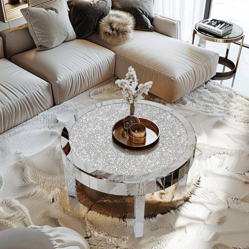 Modern Mirror Glass Round Coffee Table with Crushed Diamond - 31.5"x18.3"