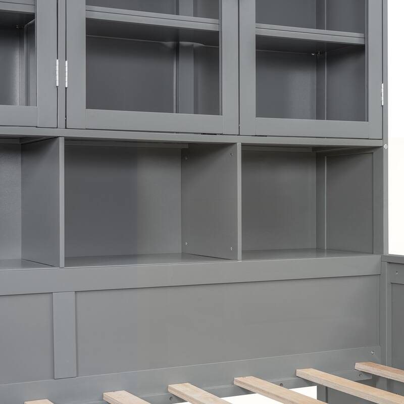Wooden Daybed with Glass-Door Storage Cabinets and Built-in LED Lighting