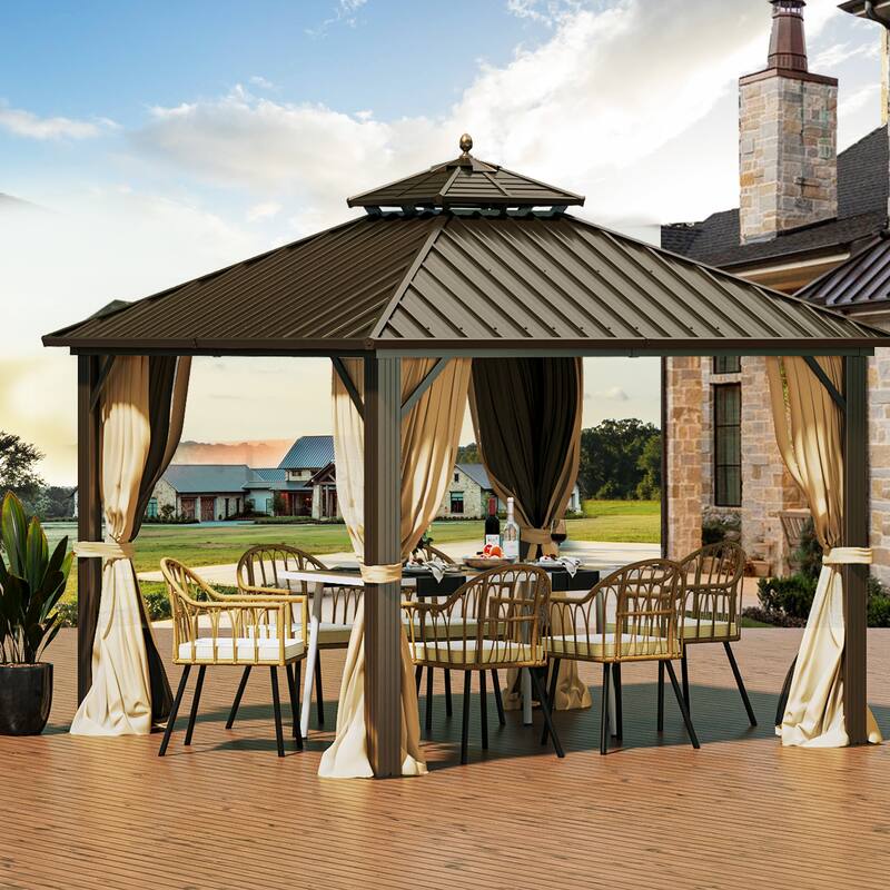 Outdoor Aluminum Hardtop Gazebo With Nettings And Curtains - 10 x 10 - Brown
