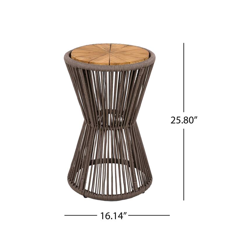 Roomfitters 25.8" Outdoor Side Table Modern Woven Rope Hourglass Patio Accent Table with Teak Wood Finish Top