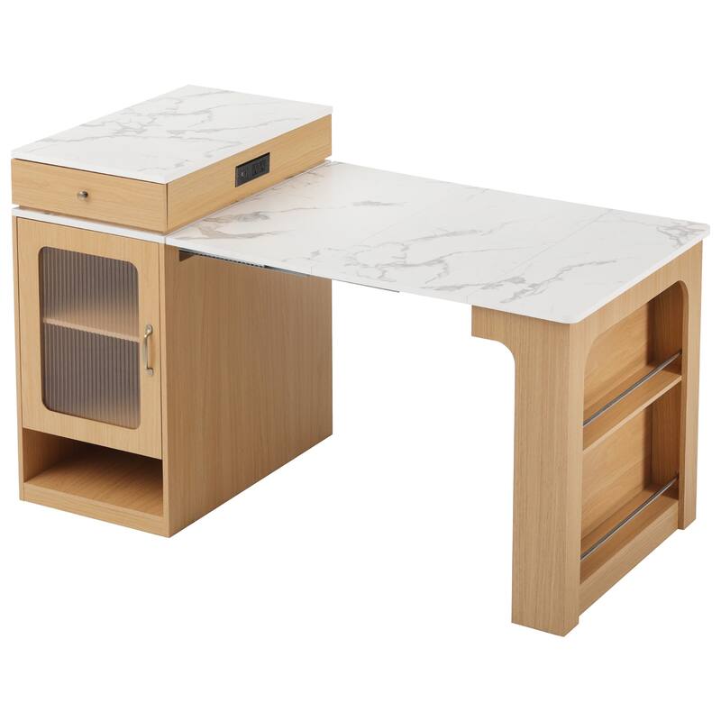 Kitchen Island with Extendable Dining Table, Kitchen Storage Table with 2 Drawers, Power Outlet, Open Shelves, for Diningroom