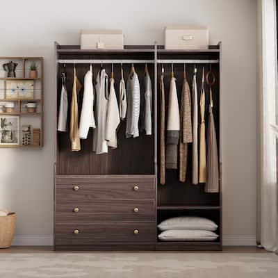 Brown Wardrobe Open Armoires Closet with Hanging Rods & 3 Drawers