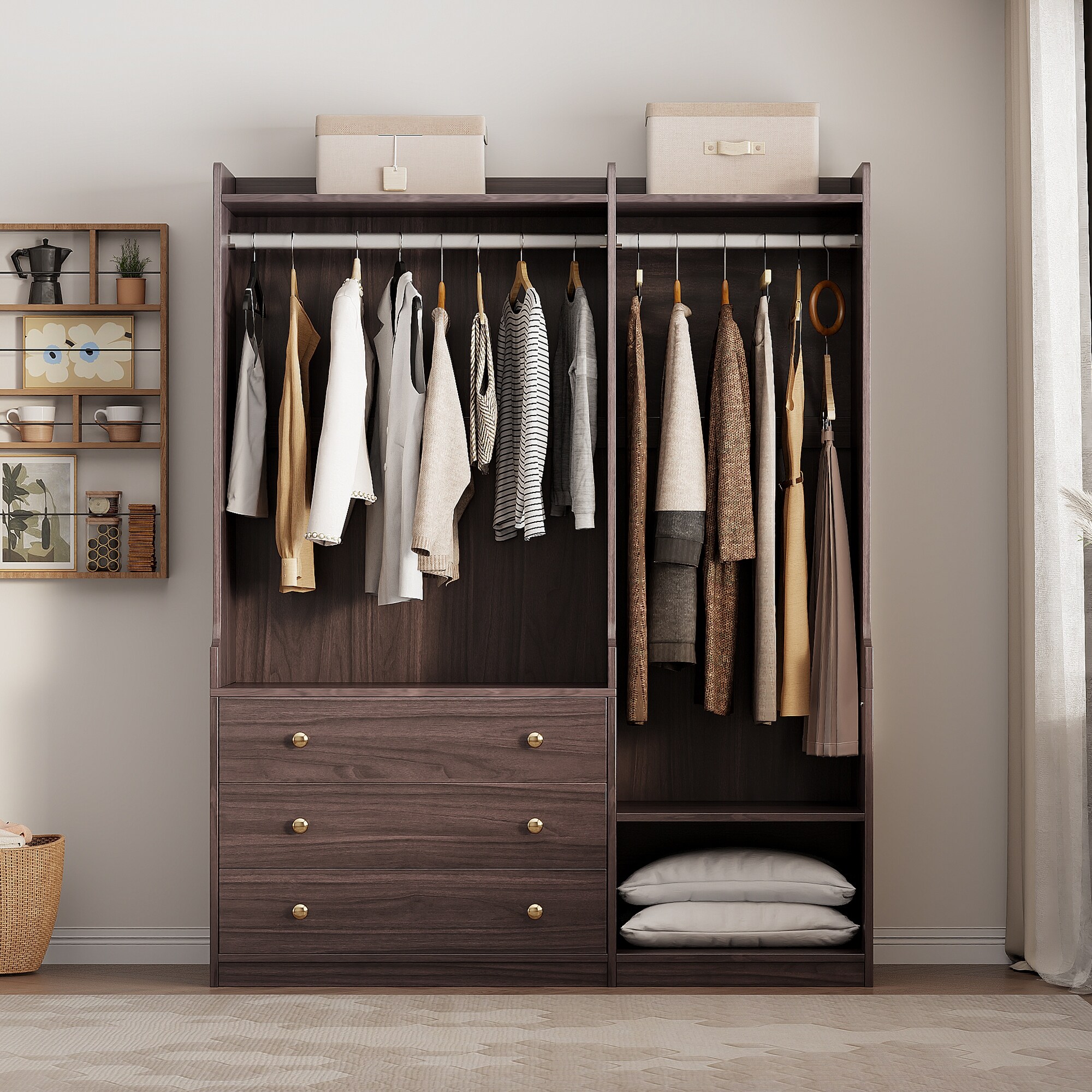 Brown Wardrobe Open Armoires Closet with Hanging Rods & 3 Drawers