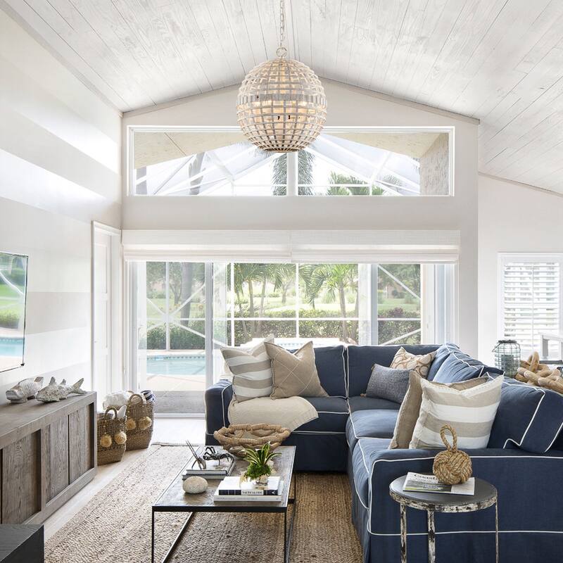 Cottage Distressed White Metal Globe Dimmable 6-Light Chandelier Pendant Light