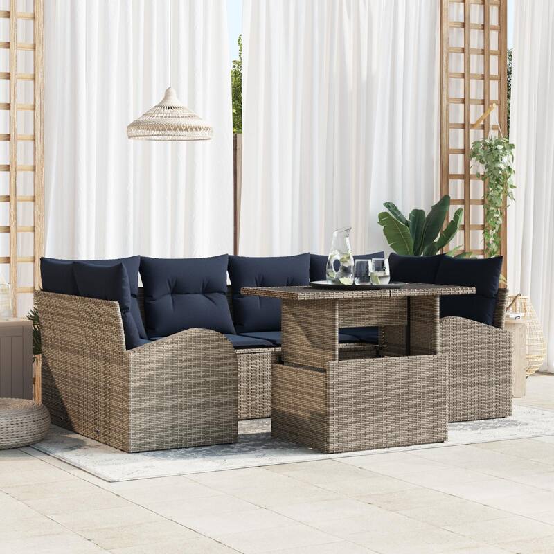 vidaXL 7 Garden Sofa Set with Cushions Black/Brown/Grey Poly Rattan - 92.1 x 48.8 x 27.2 - Grey