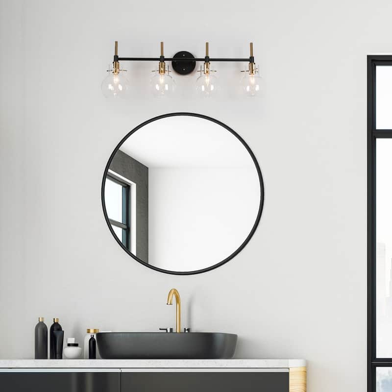 4-Light 30" L Modern Black Gold Bathroom Vanity Lights Glass Wall Sconce Lighting - 30" L x 6.5" W x 10.5" H