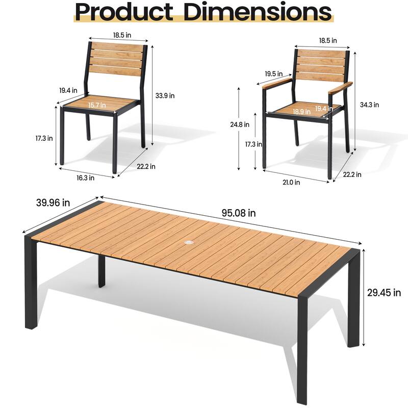Set of 9 Outdoor Patio Dining Set WoodLike Table Top Aluminum Rectangular Umbrella Hole Table with Stackable Dining Chairs Set