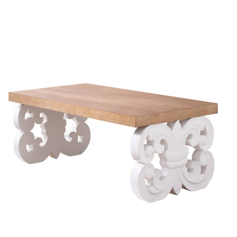 Wood Coffee Table-47" Rectangular Table With Carved Base And Natural Wood Top