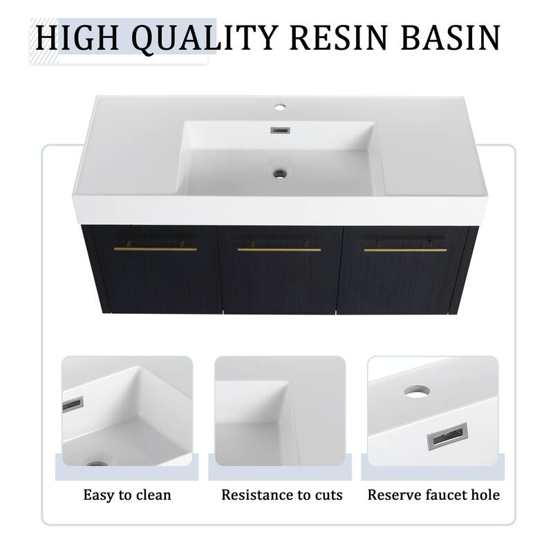 Wall mounted bathroom vanity with sink and storage shelf