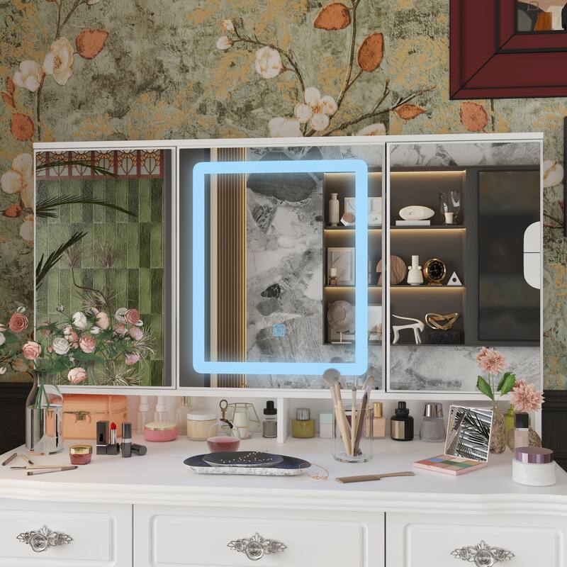 White Makeup Vanity Desk with LED Mirror, 9-Drawer Vanity Table with Storage Cabinets for Bedroom