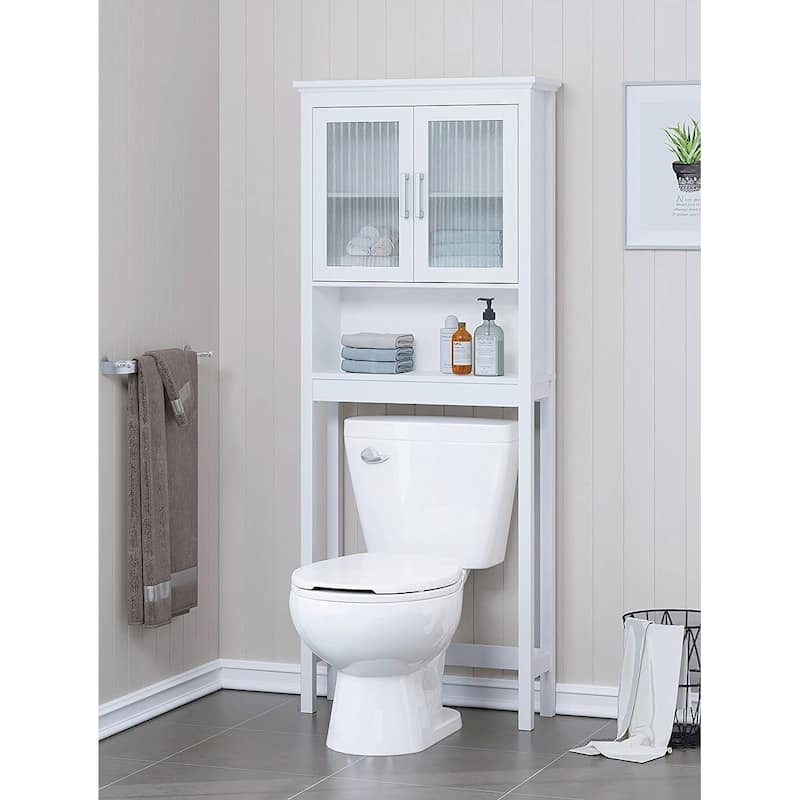 Spirich Home Bathroom Shelf Over The Toilet, Bathroom Cabinet Organizer with Moru Tempered Glass Door - White