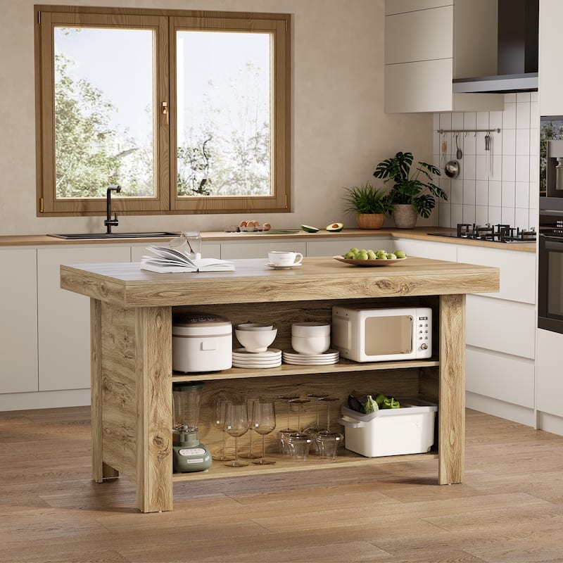 55" Kitchen Island with Storage, Farmhouse Counter Height Bar Table