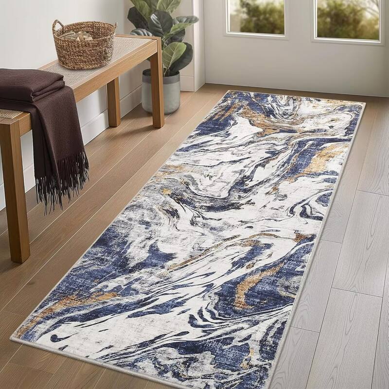 Modern Abstract Area Rug Washable Non-Slip Low Pile Rugs for Living Room Bedroom - 2'x6' - Blue