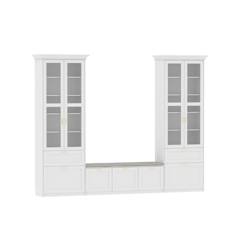 Display Cabinet Set w/Tempered Glass Doors and Storage Bench Bookshelves Bookcase