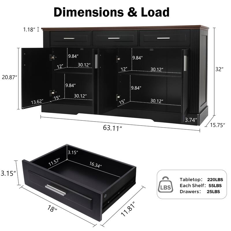 63" Fluted Sideboard Buffet Cabinet with Storage