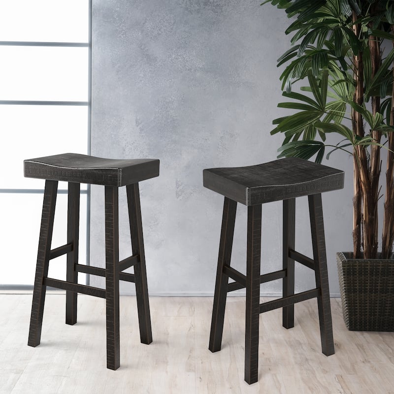 31" Antique Black Solid Wood Backless Saddle Counter Height Bar Stool Set of 2