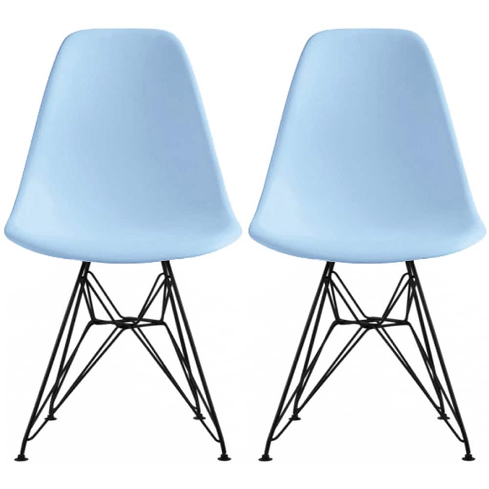 Set of 2 Mid-Century Modern Dining Side Chairs Armless Plastic Shell Seat with Black Metal Wire Eiffel Base, White