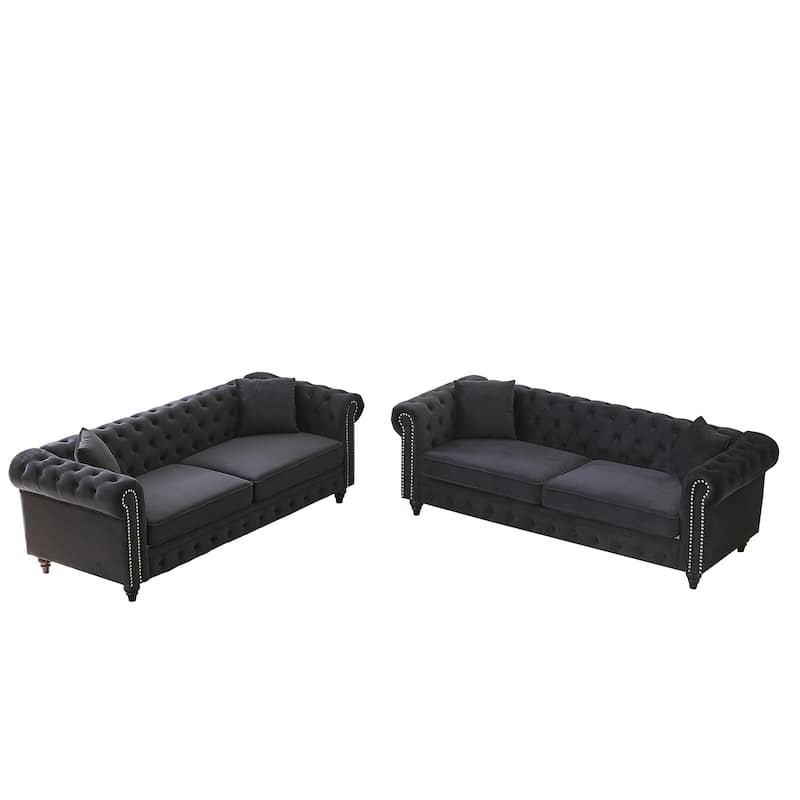 3+3 Seat Velvet Deep Seat Sofas Set, Classic Chesterfield Couches with Nailheads Accent, Removable Cushions and Pillows