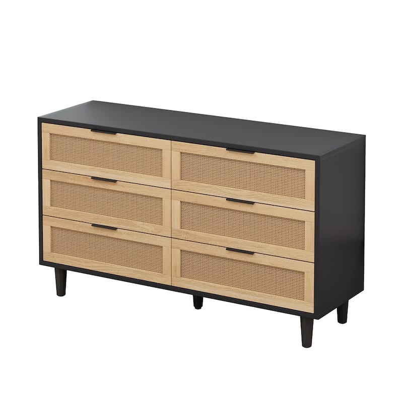 51" Rattan Storage Cabinet with 6 Drawers and Wood Legs
