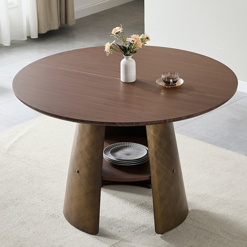 47.25 Inch Round Dining Table, Retro Style, Brushed Texture, Suitable For 4-6 People, MDF Tabletop, Metal Frame
