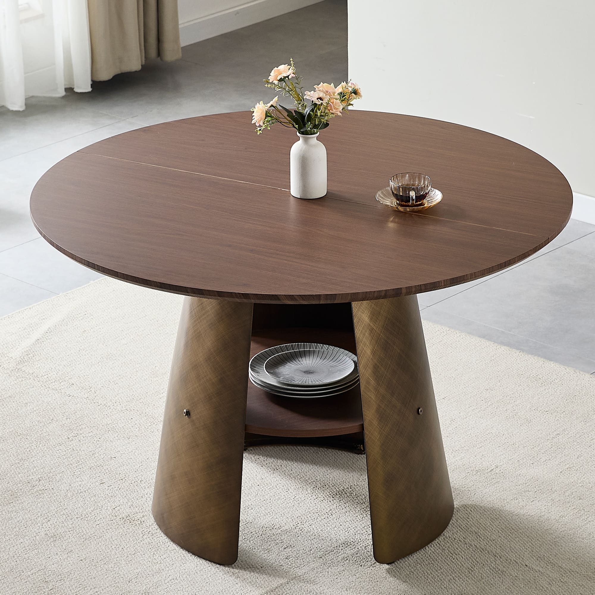 Retro 47.25" Round Dining Table: Brushed Walnut MDF Top & Bronze Metal Frame – Seats 4-6‌.
