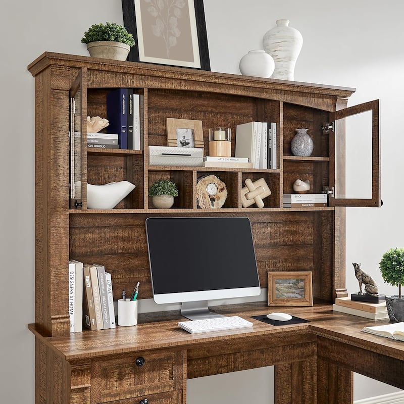 Farmhouse Computer Desk with Hutch, Wood Home Office Desk