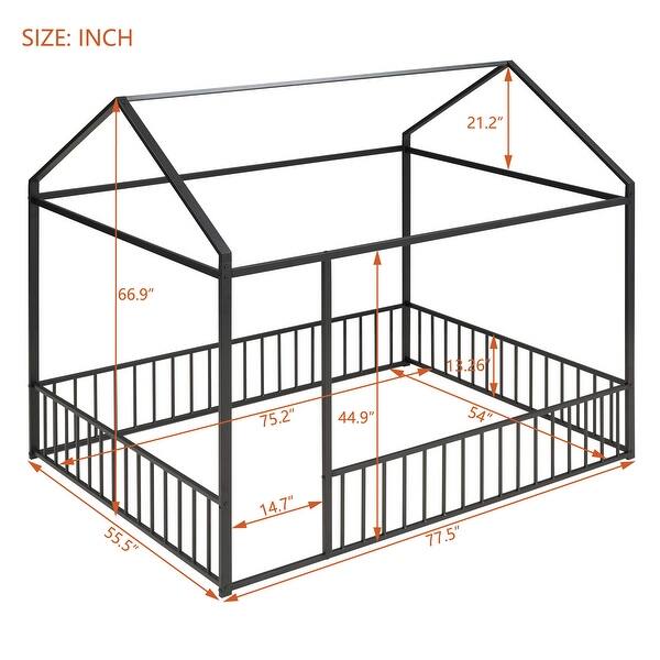 dimension image slide 0 of 2, Full Size Metal House Bed Frame with Roof and Fence, Playhouse Design for Kids and Teens, Sturdy and Fun Sleeping Space