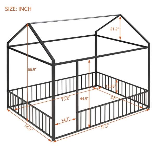dimension image slide 2 of 3, Metal Full Size Floor Bed with Fence and Semi-enclosed House Roof