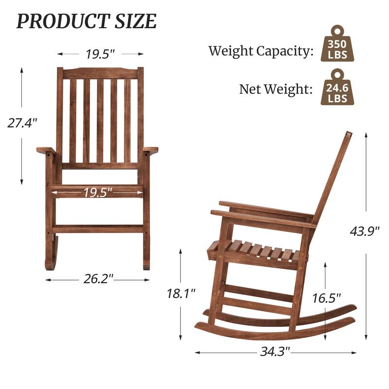 Acacia Wood Outdoor Rocking Chair, Traditional Porch Outdoor Rocker Chairs Set of 2 - 43" H