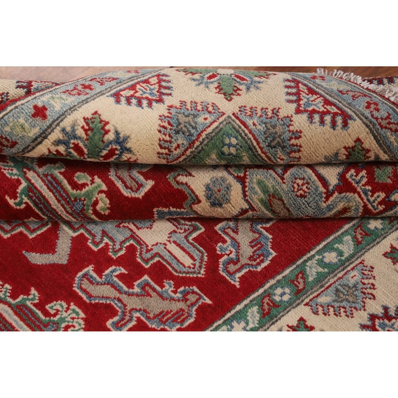 Red Geometric Kazak Rug Handmade Wool Carpet - 3'11" x 5'7"