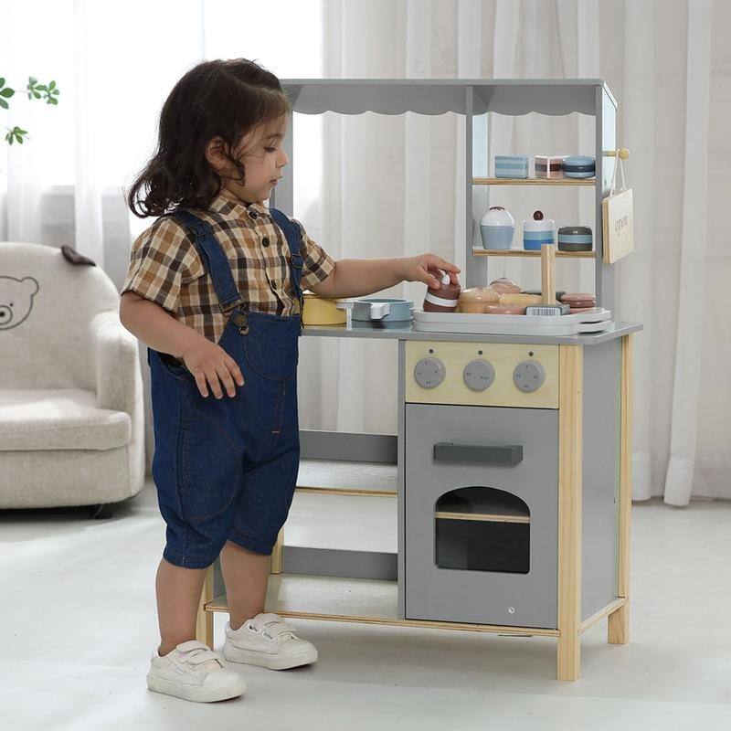 Wooden Play Kitchen Set for Kids – Pretend Chef Cooking Toy with 28 Accessories for Toddlers & Children
