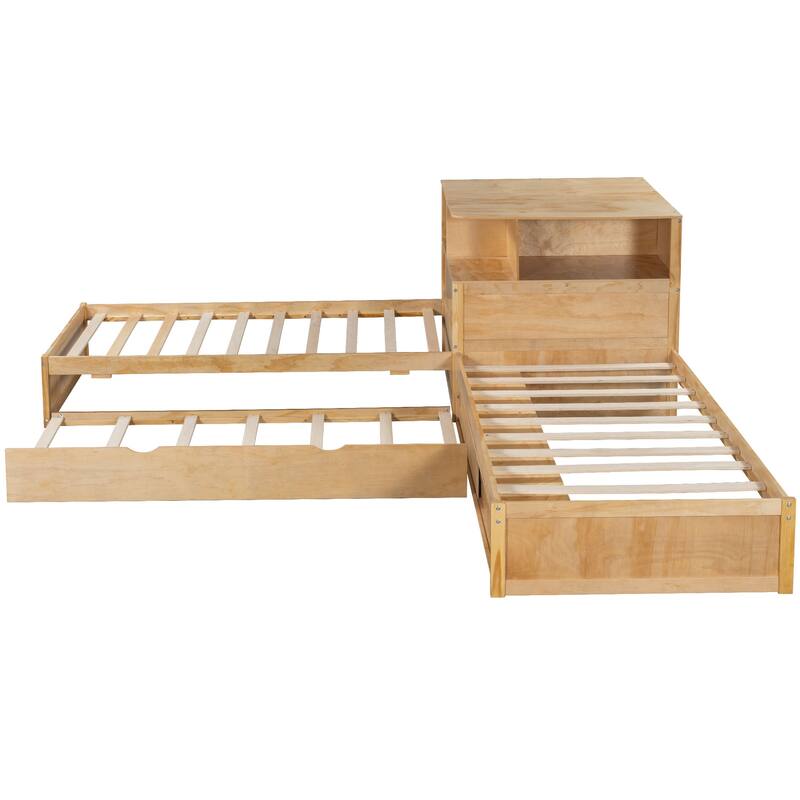 Twin Size L-shaped Bed Frame with Trundle Bed and Storage Cabinets, Desk, Lighting, Corner Platform Storage Bed Frame