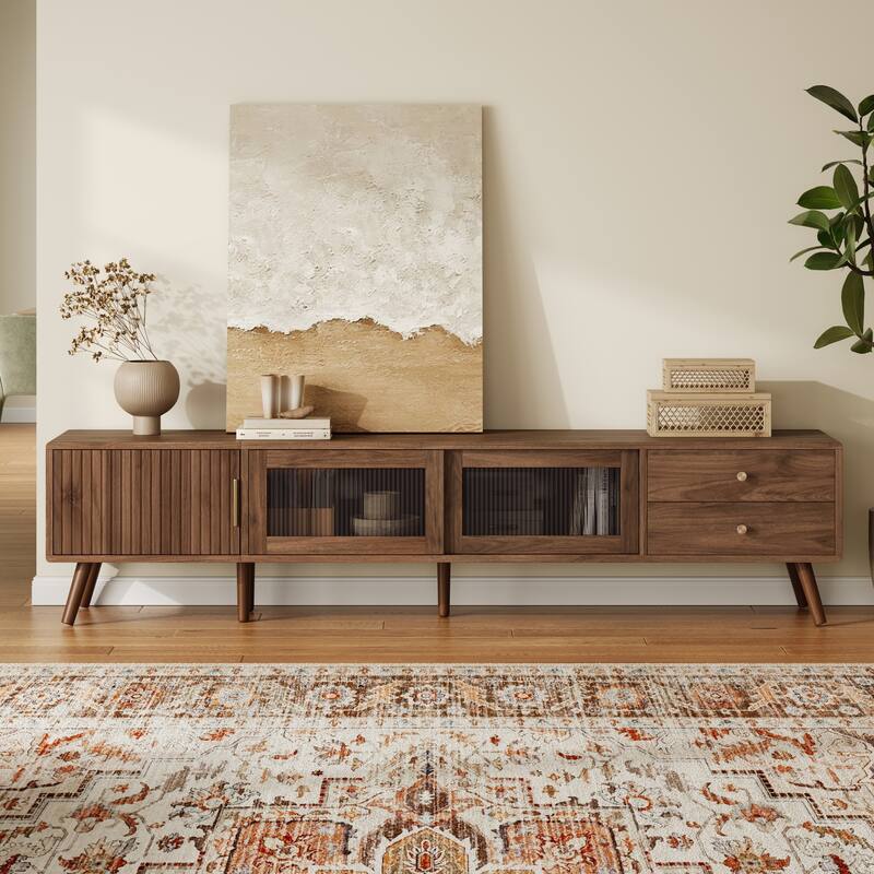 76" Media Console with Glass Doors & Storage - Modern TV Stand - Natural